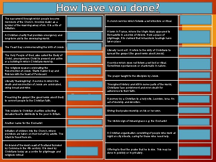 How have you done? The sacrament through which people become members of the Church.