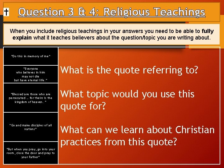 Question 3 & 4: Religious Teachings When you include religious teachings in your answers