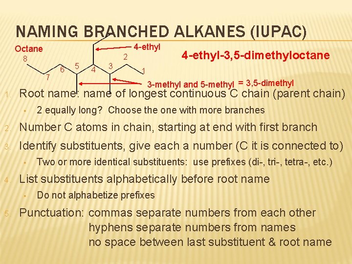 NAMING BRANCHED ALKANES (IUPAC) 4 -ethyl Octane 2 8 7 1. 6 5 4