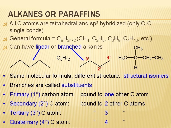 ALKANES OR PARAFFINS All C atoms are tetrahedral and sp 3 hybridized (only C-C