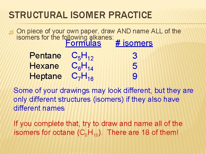 STRUCTURAL ISOMER PRACTICE On piece of your own paper, draw AND name ALL of
