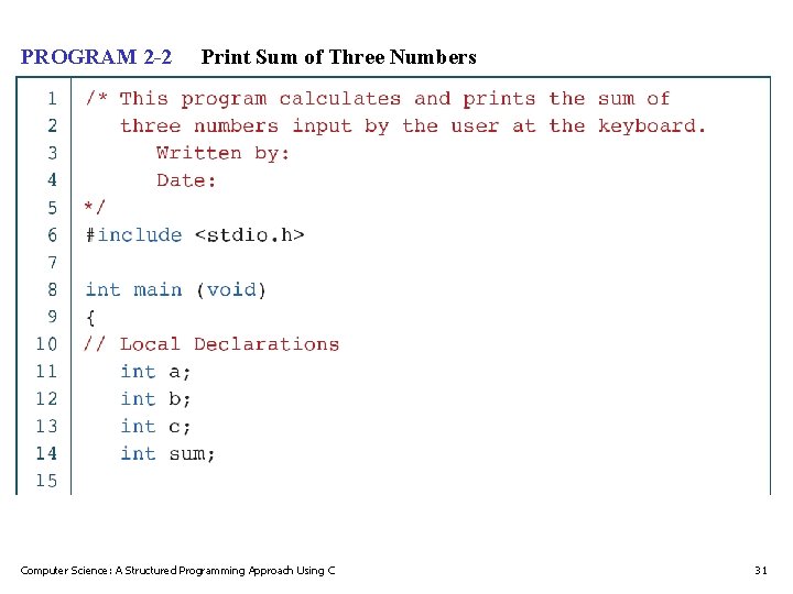 PROGRAM 2 -2 Print Sum of Three Numbers Computer Science: A Structured Programming Approach PROGRAM 2 -2 Print Sum of Three Numbers Computer Science: A Structured Programming Approach