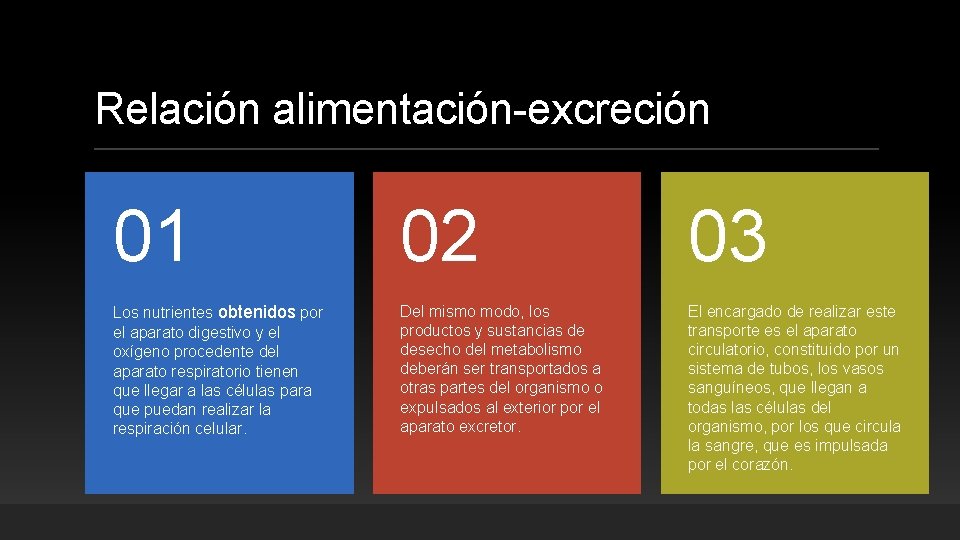 Relación alimentación-excreción 01 02 03 Los nutrientes obtenidos por el aparato digestivo y el