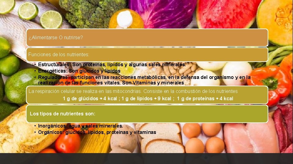 ¿Alimentarse O nutrirse? Funciones de los nutrientes: • Estructurales: Son proteínas, lípidos y algunas