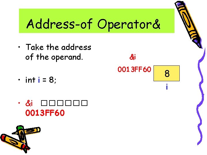 Address-of Operator& • Take the address of the operand. &i 0013 FF 60 •