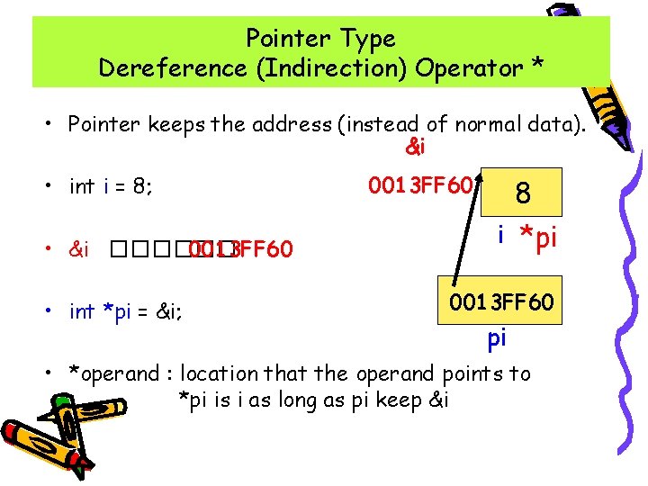 Pointer Type Dereference (Indirection) Operator * • Pointer keeps the address (instead of normal