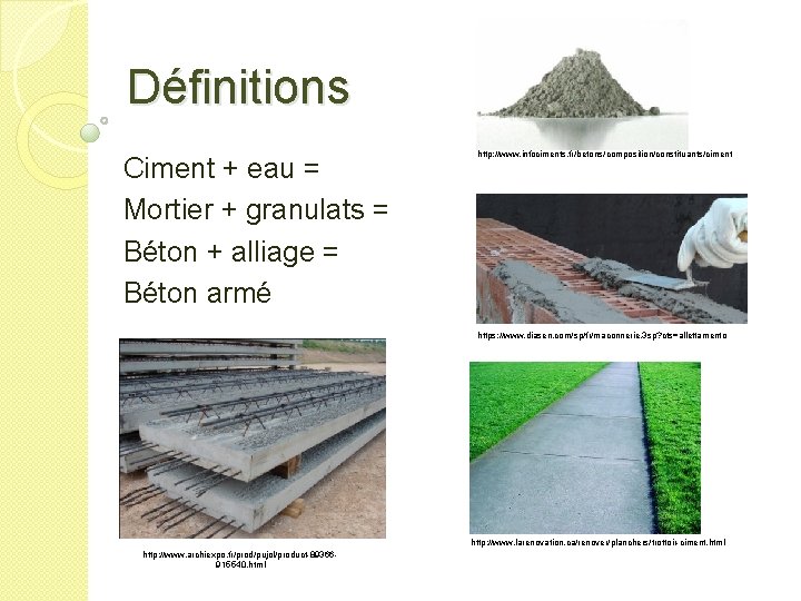 Définitions Ciment + eau = Mortier + granulats = Béton + alliage = Béton