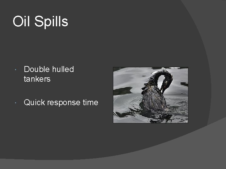 Oil Spills Double hulled tankers Quick response time 