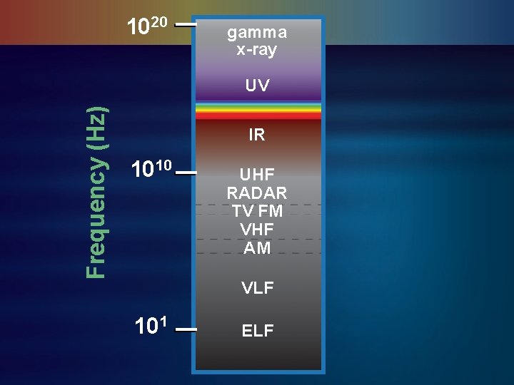 1020 gamma x-ray Frequency (Hz) UV IR 1010 UHF RADAR TV FM VHF AM