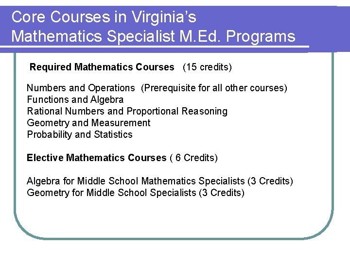 Core Courses in Virginia’s Mathematics Specialist M. Ed. Programs Required Mathematics Courses (15 credits)