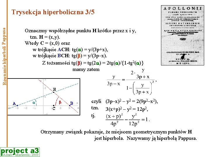 Równanie hiperboli Pappusa Trysekcja hiperboliczna 3/5 Oznaczmy współrzędne punktu H krótko przez x i