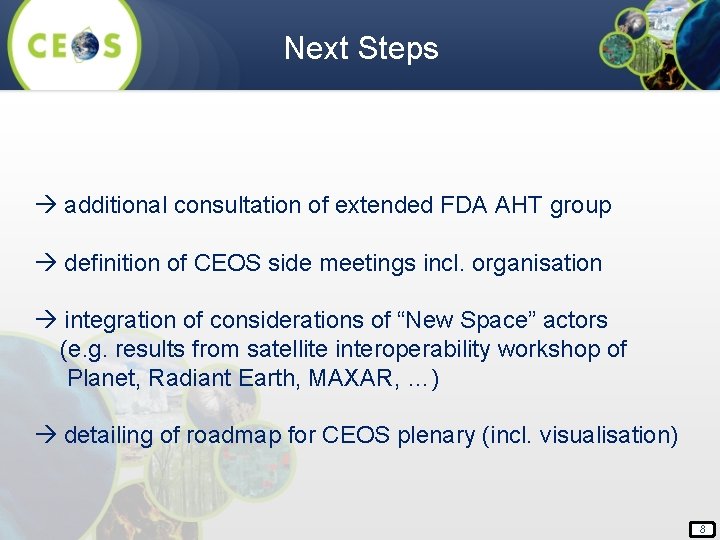 Next Steps additional consultation of extended FDA AHT group definition of CEOS side meetings