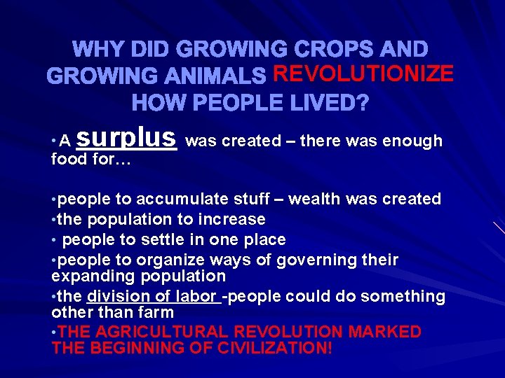 WHY DID GROWING CROPS AND GROWING ANIMALS REVOLUTIONIZE HOW PEOPLE LIVED? • A surplus