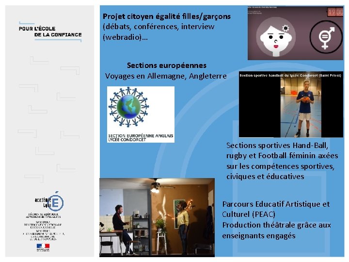 Projet citoyen égalité filles/garçons (débats, conférences, interview (webradio)… Sections européennes Voyages en Allemagne, Angleterre