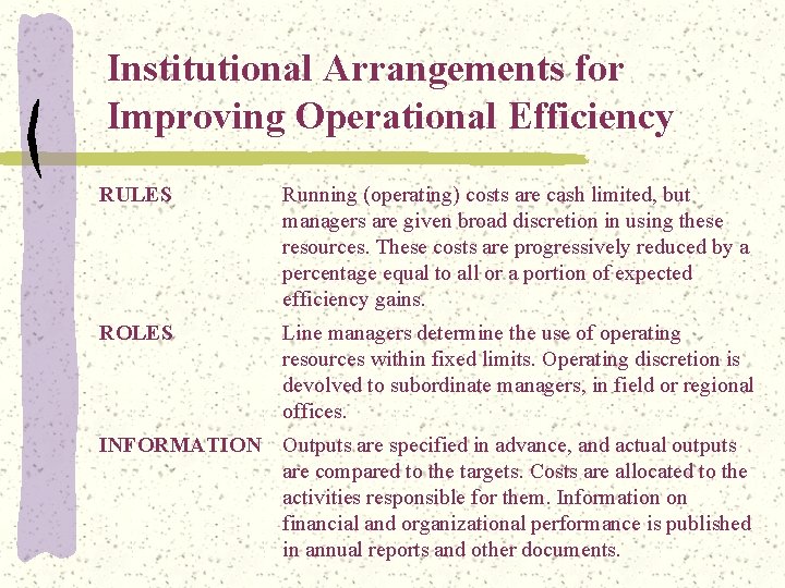 Institutional Arrangements for Improving Operational Efficiency RULES Running (operating) costs are cash limited, but