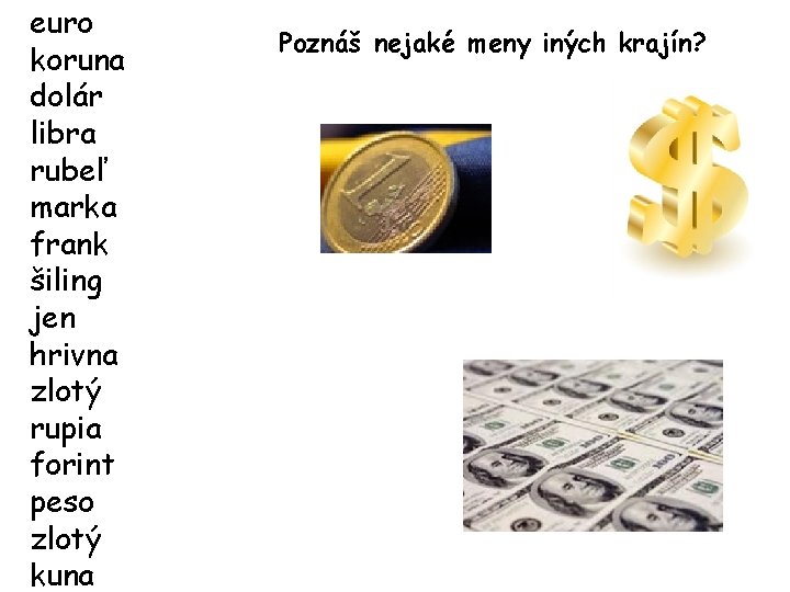 euro koruna dolár libra rubeľ marka frank šiling jen hrivna zlotý rupia forint peso