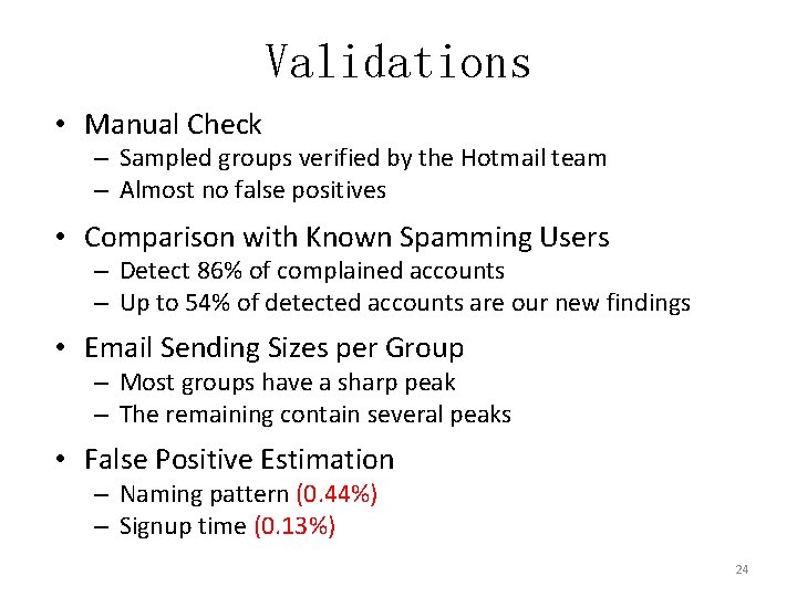 Validations • Manual Check – Sampled groups verified by the Hotmail team – Almost