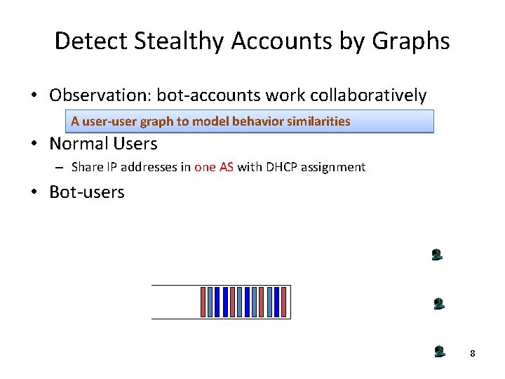 Detect Stealthy Accounts by Graphs • Observation: bot-accounts work collaboratively A user-user graph to