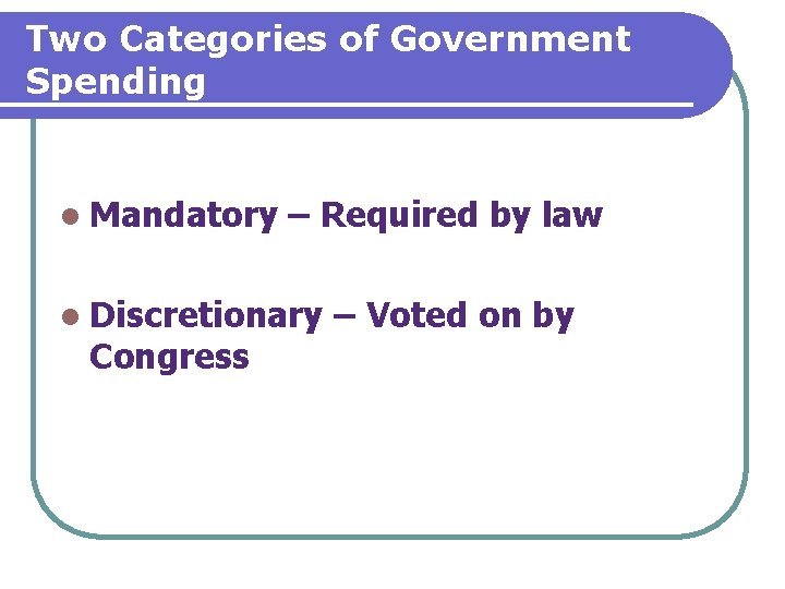 Two Categories of Government Spending l Mandatory – Required by law l Discretionary Congress