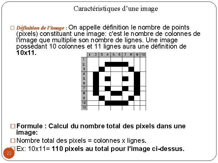 Caractéristiques d’une image � Définition de l’image : On appelle définition le nombre de