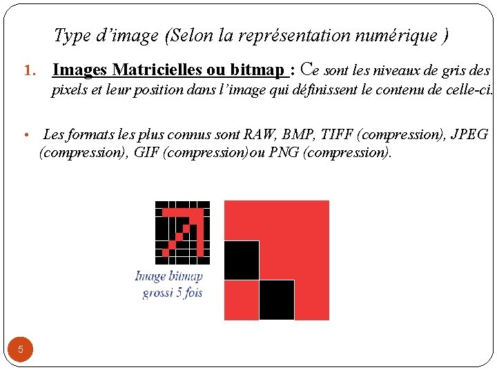 Type d’image (Selon la représentation numérique ) 1. Images Matricielles ou bitmap : Ce