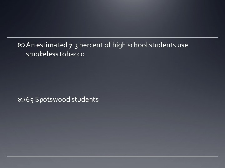  An estimated 7. 3 percent of high school students use smokeless tobacco 65