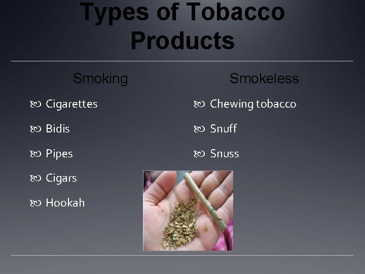 Types of Tobacco Products Smoking Smokeless Cigarettes Chewing tobacco Bidis Snuff Pipes Snuss Cigars