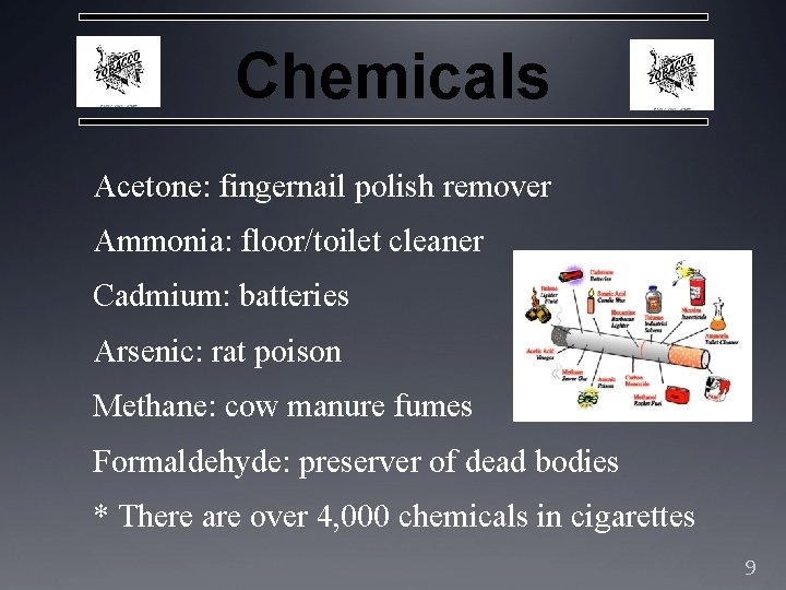 Chemicals Acetone: fingernail polish remover Ammonia: floor/toilet cleaner Cadmium: batteries Arsenic: rat poison Methane: