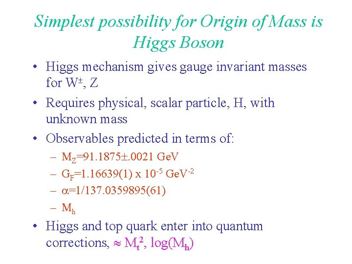 Simplest possibility for Origin of Mass is Higgs Boson • Higgs mechanism gives gauge