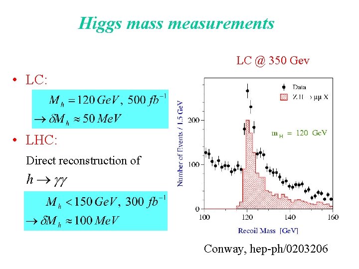 Higgs mass measurements LC @ 350 Gev • LC: • LHC: Direct reconstruction of