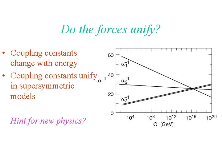 Do the forces unify? • Coupling constants change with energy • Coupling constants unify