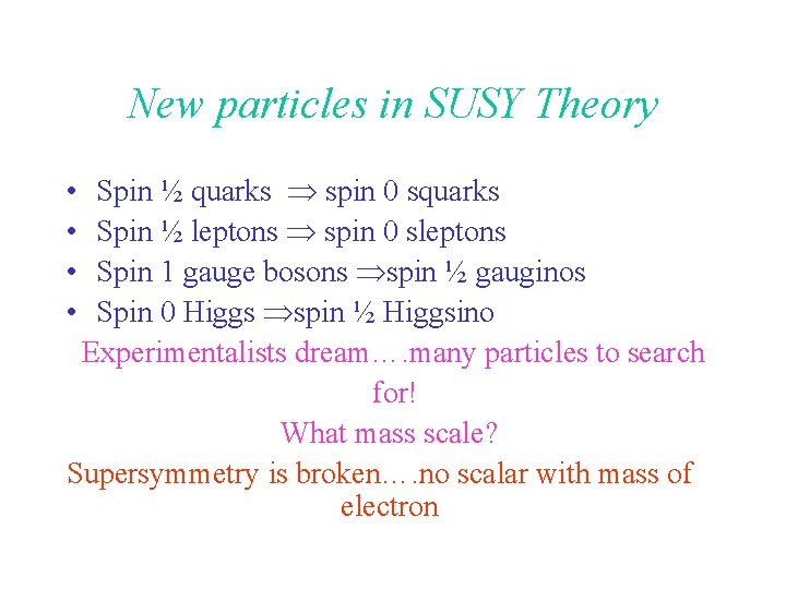 New particles in SUSY Theory Spin ½ quarks spin 0 squarks Spin ½ leptons