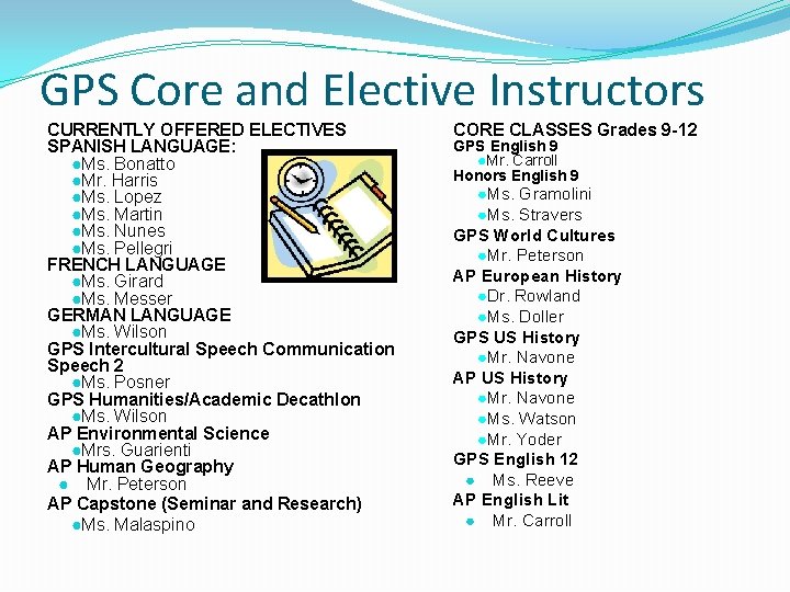 GPS Core and Elective Instructors CURRENTLY OFFERED ELECTIVES SPANISH LANGUAGE: ●Ms. Bonatto ●Mr. Harris