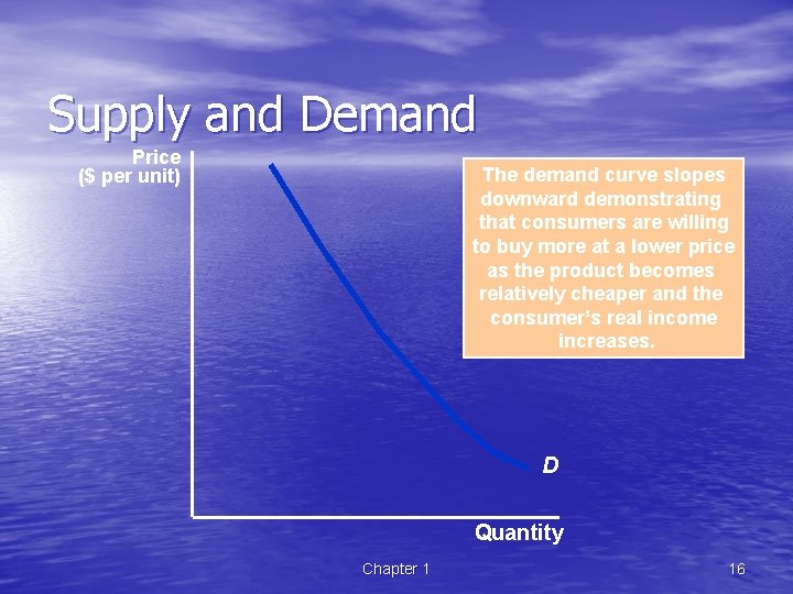 Supply and Demand Price ($ per unit) The demand curve slopes downward demonstrating that