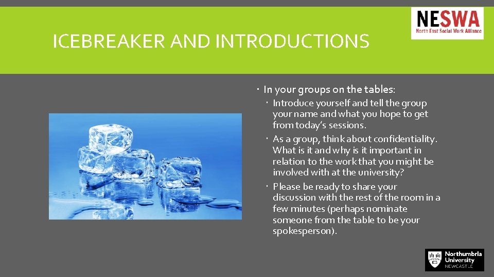 ICEBREAKER AND INTRODUCTIONS In your groups on the tables: Introduce yourself and tell the