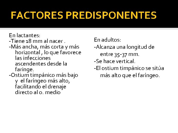 FACTORES PREDISPONENTES En lactantes: -Tiene 18 mm al nacer. -Más ancha, más corta y