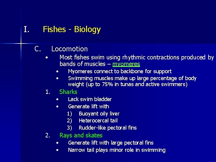 I. Fishes - Biology C. Locomotion • Most fishes swim using rhythmic contractions produced