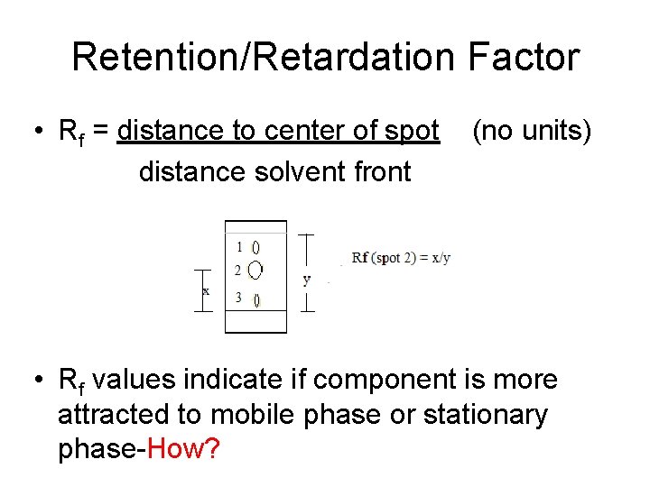 Retention/Retardation Factor • Rf = distance to center of spot distance solvent front (no