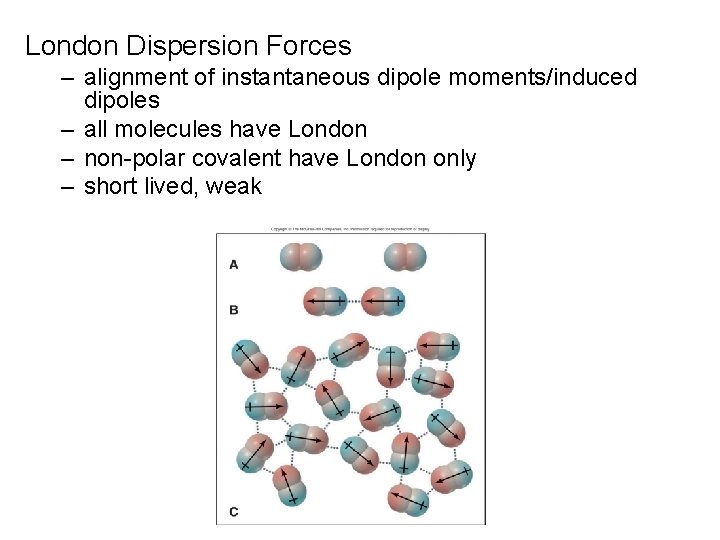 London Dispersion Forces – alignment of instantaneous dipole moments/induced dipoles – all molecules have