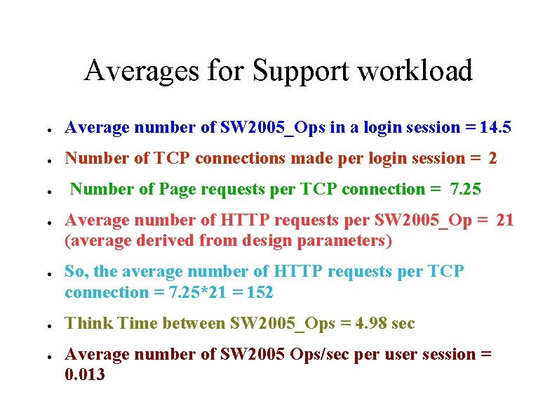 Averages for Support workload ● Average number of SW 2005_Ops in a login session
