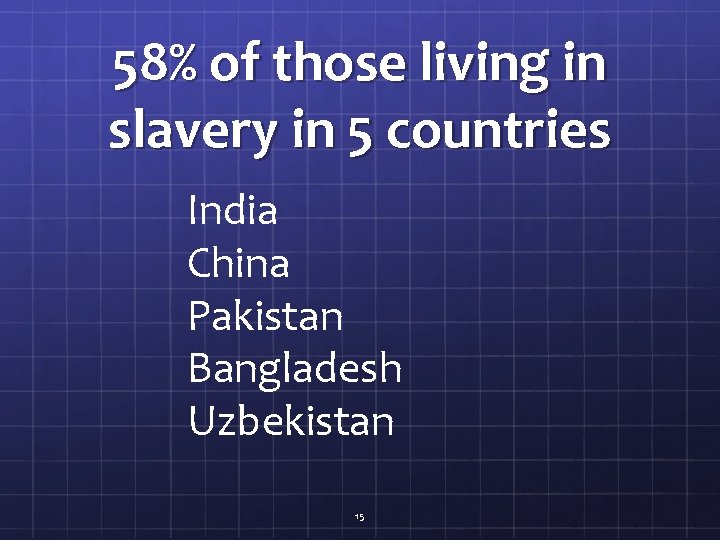 58% of those living in slavery in 5 countries India China Pakistan Bangladesh Uzbekistan