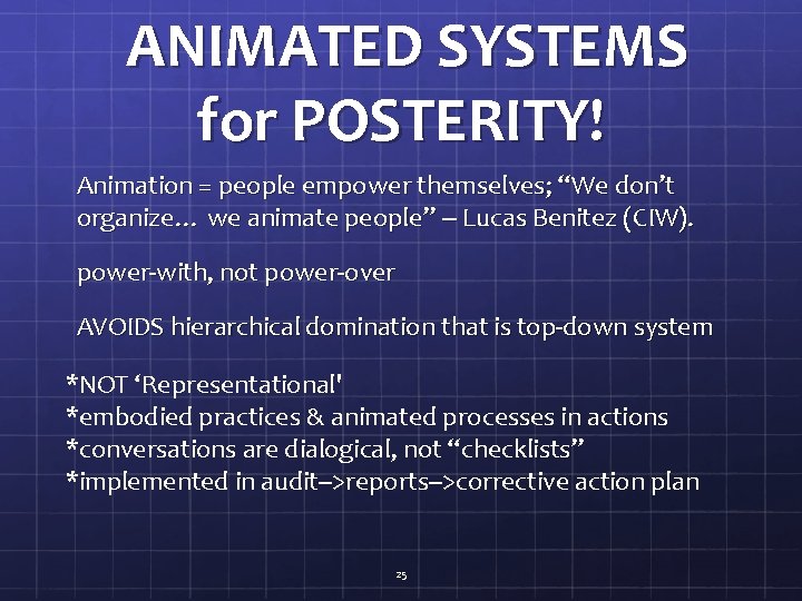 ANIMATED SYSTEMS for POSTERITY! Animation = people empower themselves; “We don’t organize… we animate