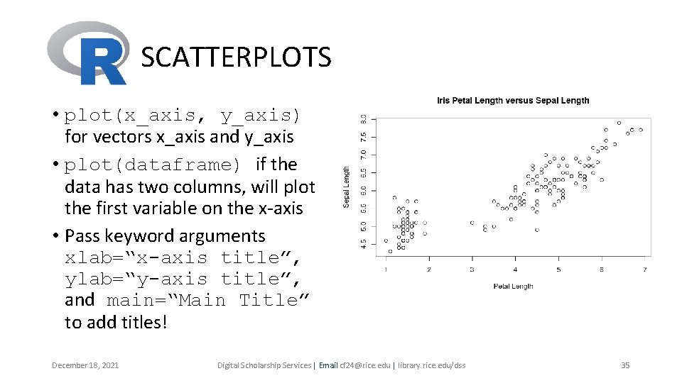 SCATTERPLOTS • plot(x_axis, y_axis) for vectors x_axis and y_axis • plot(dataframe) if the data SCATTERPLOTS • plot(x_axis, y_axis) for vectors x_axis and y_axis • plot(dataframe) if the data