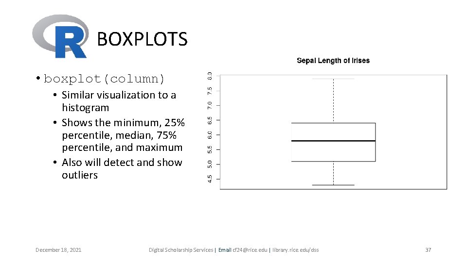BOXPLOTS • boxplot(column) • Similar visualization to a histogram • Shows the minimum, 25% BOXPLOTS • boxplot(column) • Similar visualization to a histogram • Shows the minimum, 25%