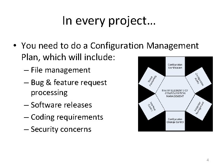 In every project… • You need to do a Configuration Management Plan, which will In every project… • You need to do a Configuration Management Plan, which will