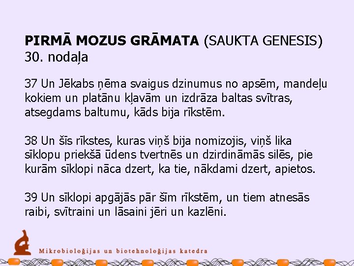 PIRMĀ MOZUS GRĀMATA (SAUKTA GENESIS) 30. nodaļa 37 Un Jēkabs ņēma svaigus dzinumus no