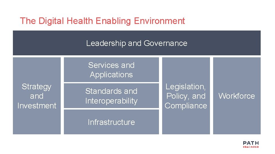 The Digital Health Enabling Environment Leadership and Governance Services and Applications Strategy and Investment