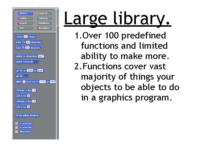 Large library. 1. Over 100 predefined functions and limited ability to make more. 2.