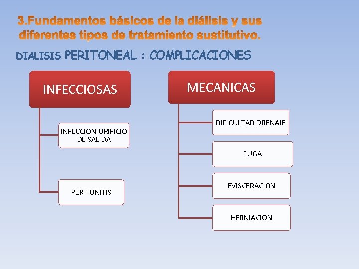 DIALISIS PERITONEAL : COMPLICACIONES INFECCIOSAS INFECCION ORIFICIO DE SALIDA MECANICAS DIFICULTAD DRENAJE FUGA PERITONITIS