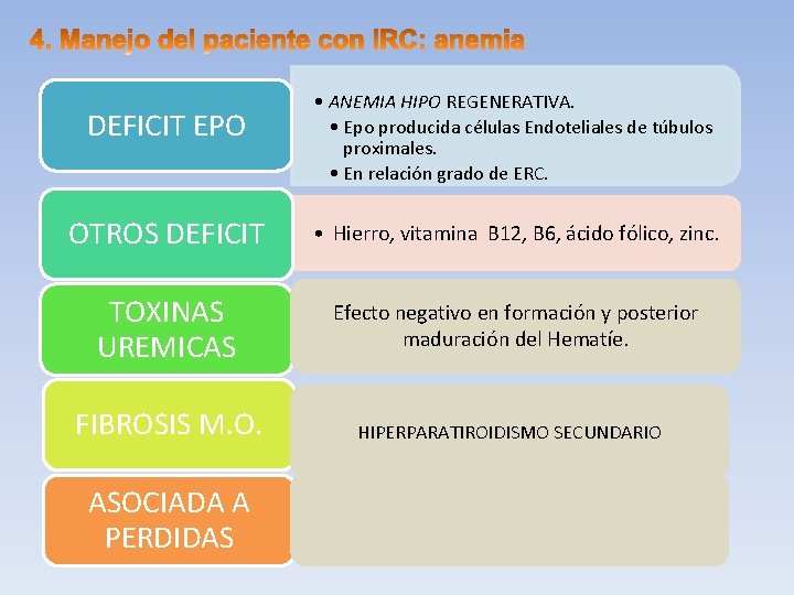 DEFICIT EPO • ANEMIA HIPO REGENERATIVA. • Epo producida células Endoteliales de túbulos proximales.